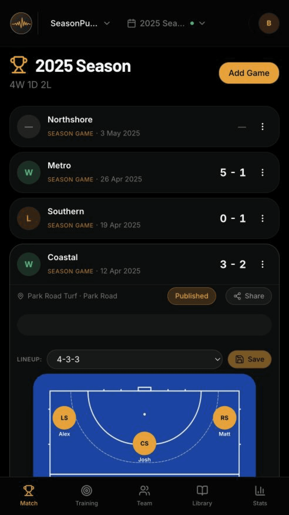 SeasonPulse Match screen showing fixtures, results and a game-plan lineup.