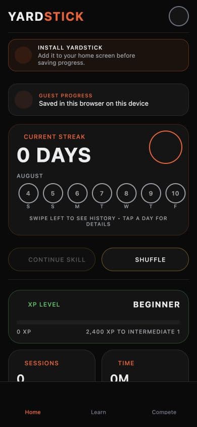 Yardstick app home screen showing training progress and session controls.